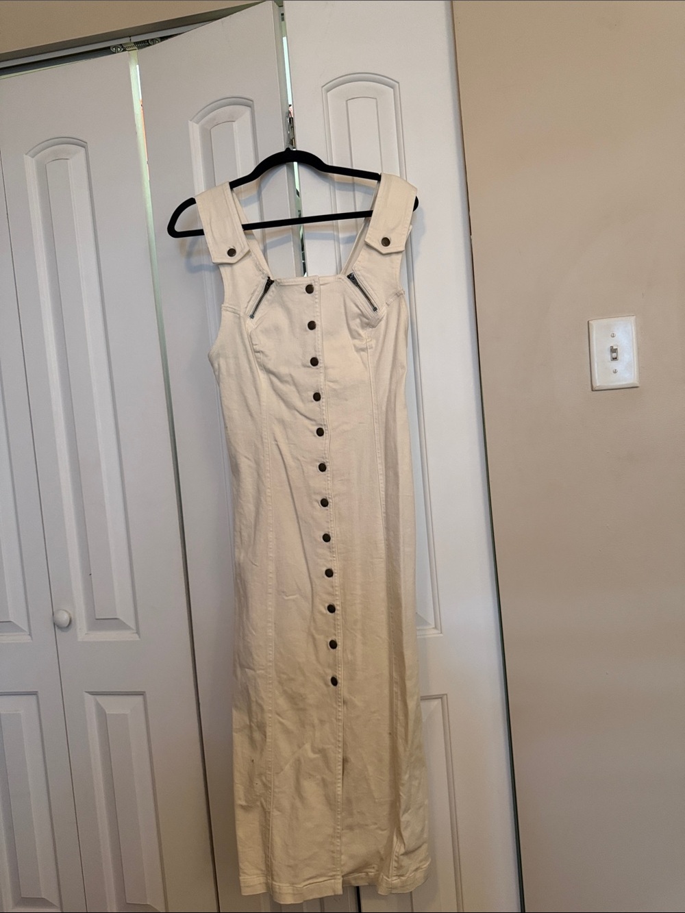 FREE PEOPLE Women’s Cream Button-Front Midi Dress with Wide Straps - JEAN